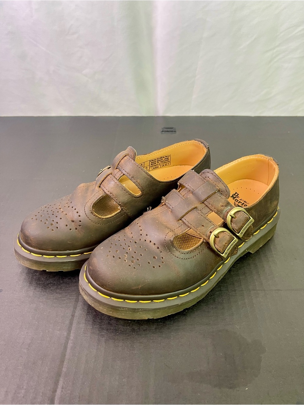 Dr. Martens Brown Leather Double-Buckle Mary Jane Flats with Yellow Stitching